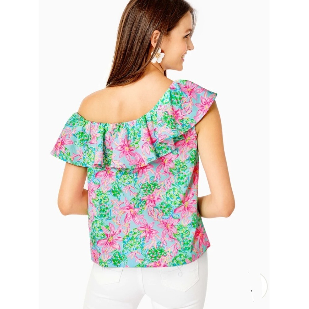 LILLY PULITZER Zeldie One-Shoulder Ruffle Top Surf Blue So Shellegant Sz XL
